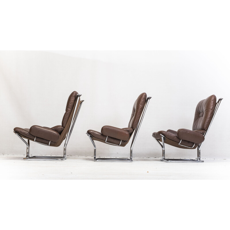 Ensemble de 3 fauteuils et tabourets vintage en chrome et cuir par Ingmar Relling pour Westnofa, 1960