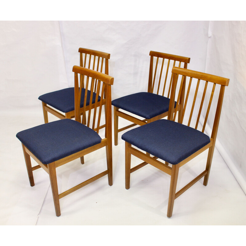 Set de 4 chaises vintage scandinaves en tissu bleu et hêtre, 1950