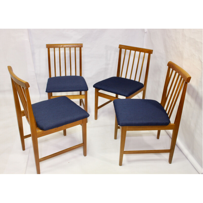 Set de 4 chaises vintage scandinaves en tissu bleu et hêtre, 1950