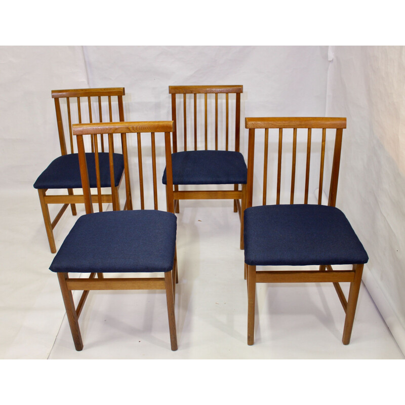 Set de 4 chaises vintage scandinaves en tissu bleu et hêtre, 1950