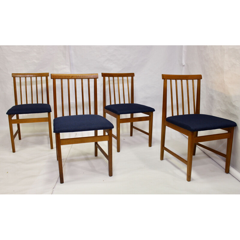 Set of 4 Scandinavian vintage chairs in blue fabric and beech, 1950s