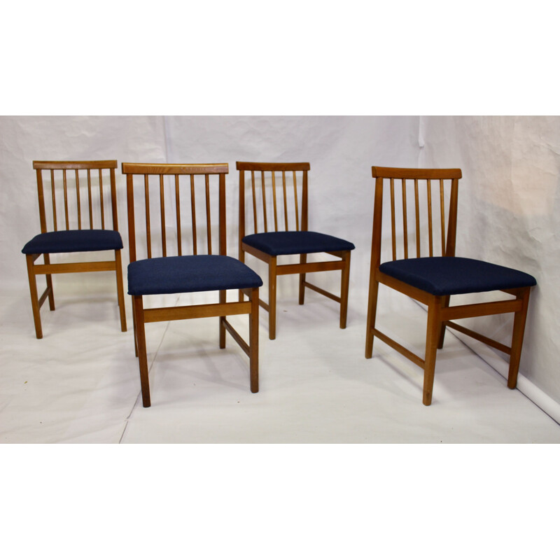 Set of 4 Scandinavian vintage chairs in blue fabric and beech, 1950s