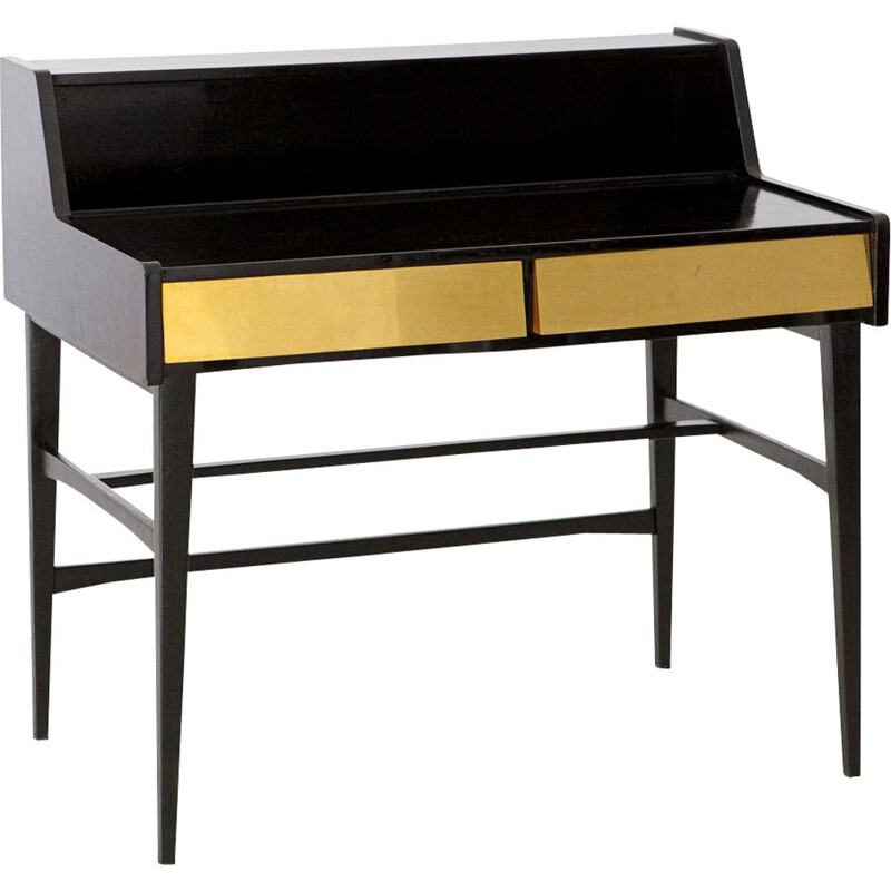 Vintage Black Writing Desk with Brass Drawers, Italy