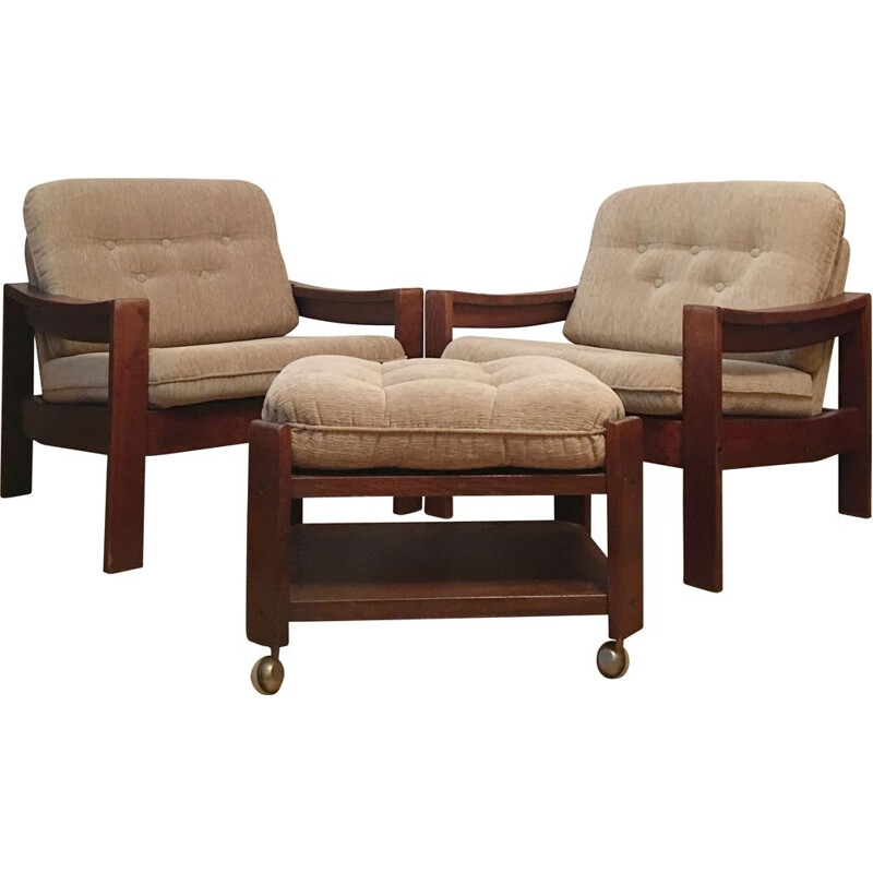 Ensemble de 2 fauteuils et 1 tabouret de couleur marron, 1960