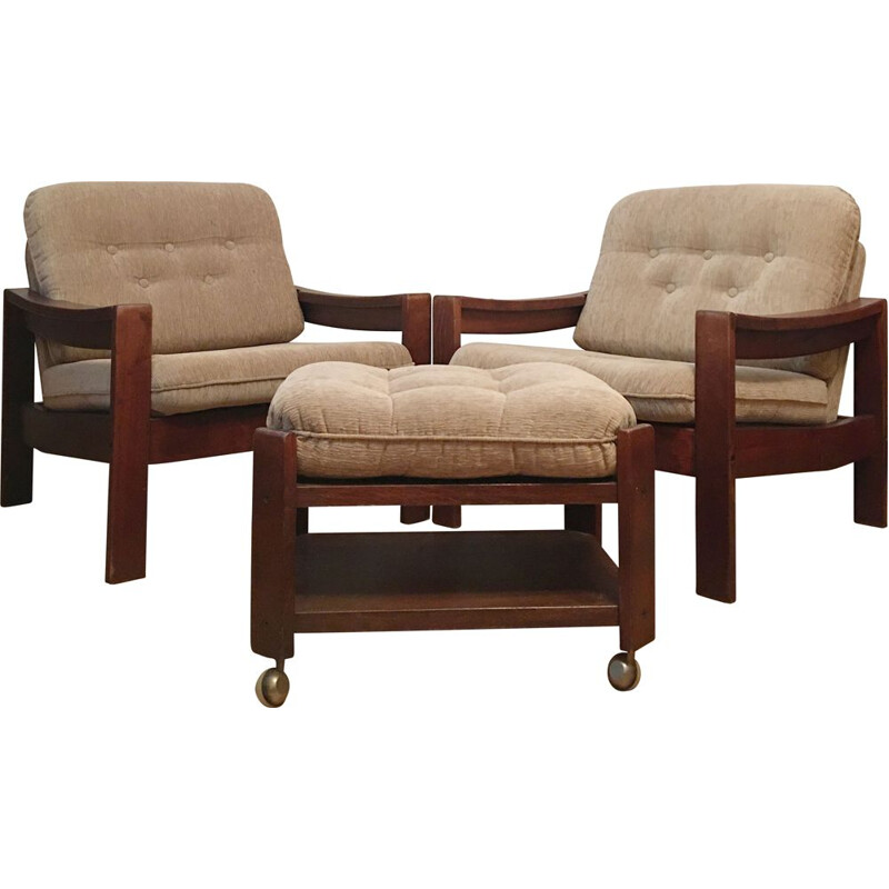 Set van 2 fauteuils en 1 kruk, bruin, 1960