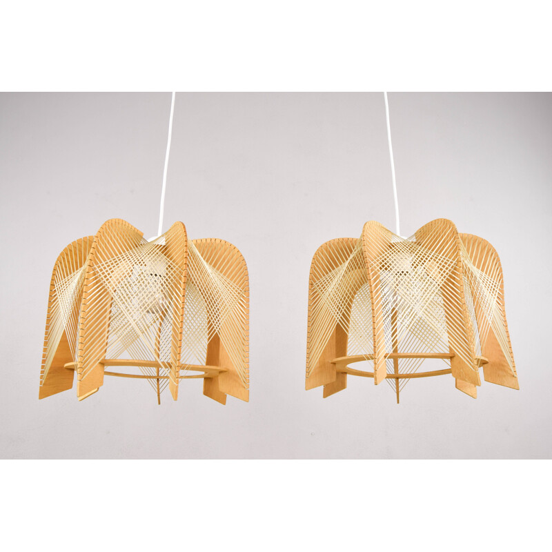 Pair of vintage raffia and wood ceiling lamps, 1970s