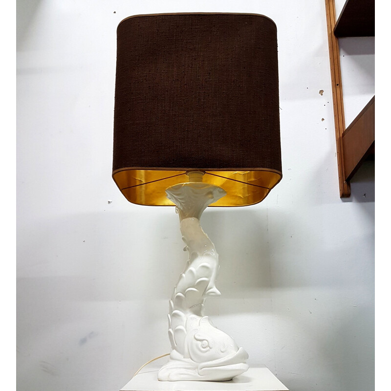 Candeeiro de mesa de cerâmica Vintage koi fish table lamp, Itália 1970