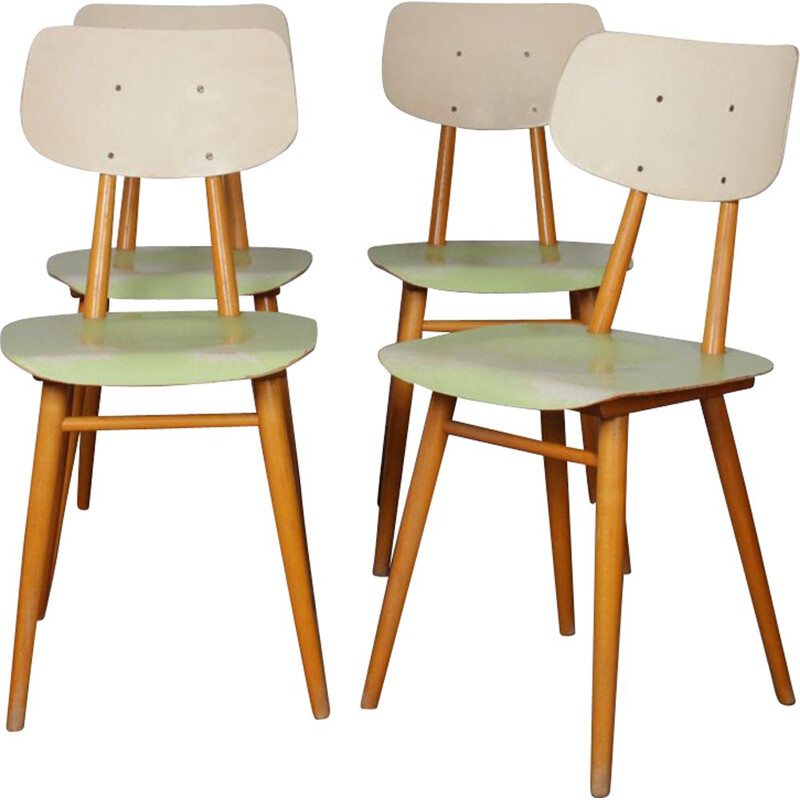Suite of 4 vintage beige and green chairs edited by Ton, 1960