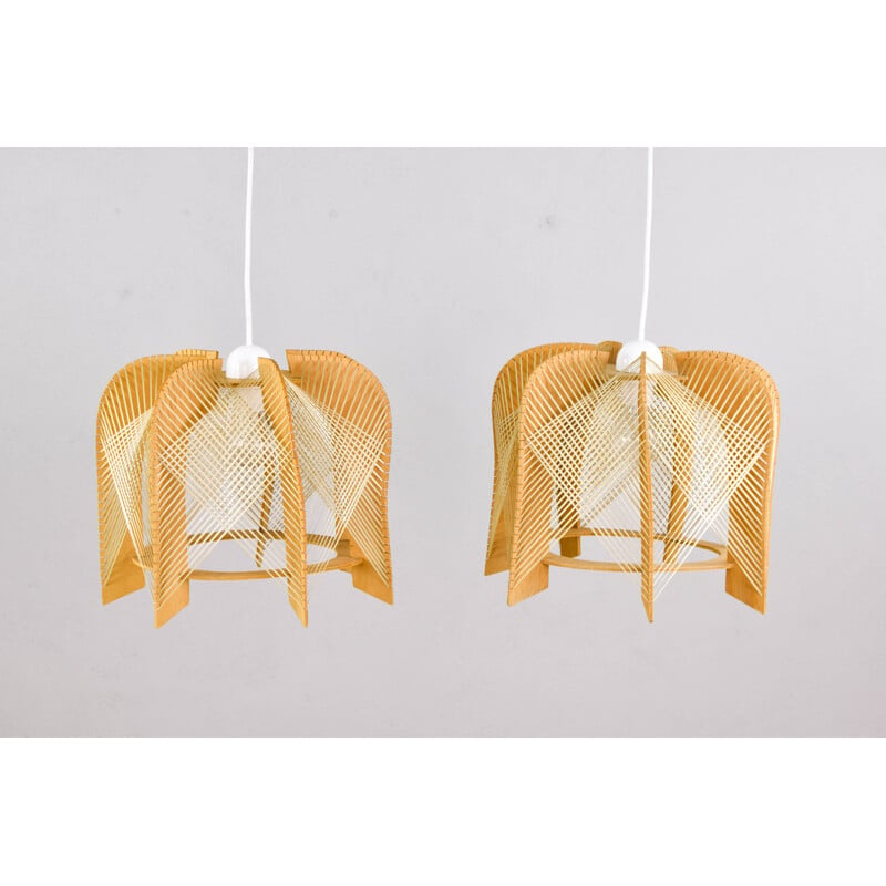 Pair of vintage raffia and wood ceiling lamps, 1970s
