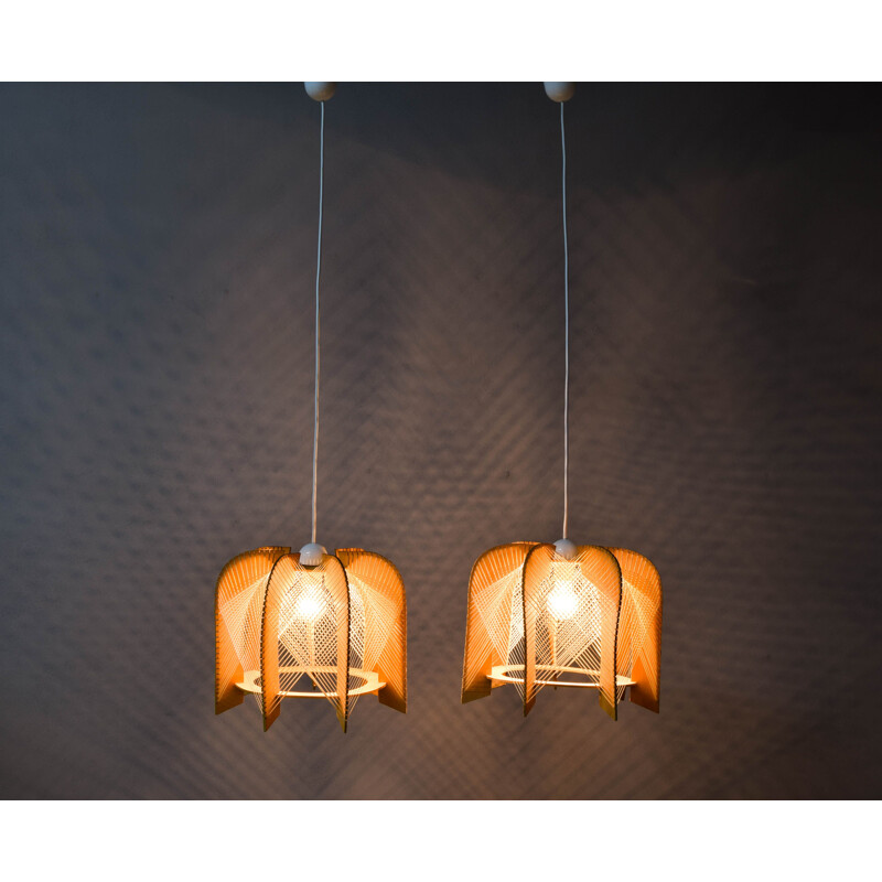 Pair of vintage raffia and wood ceiling lamps, 1970s