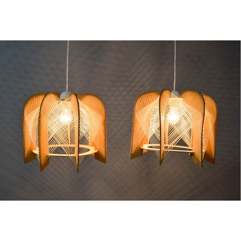 Pair of vintage raffia and wood ceiling lamps, 1970s