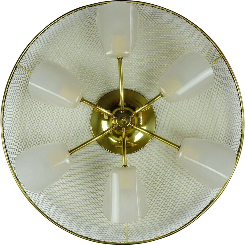 Vintage large ceiling lamp in metal wire and brass with 6 white acrylic shades, 1950