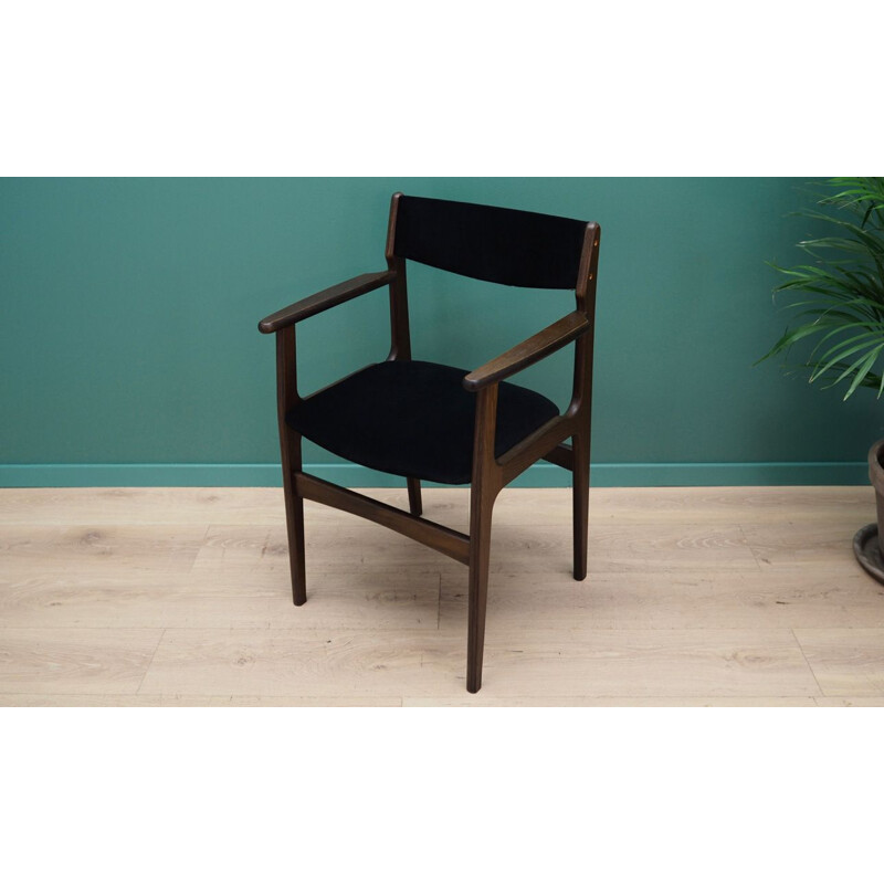 Vintage black velvet and oak armchair, Denmark, 1960-70s