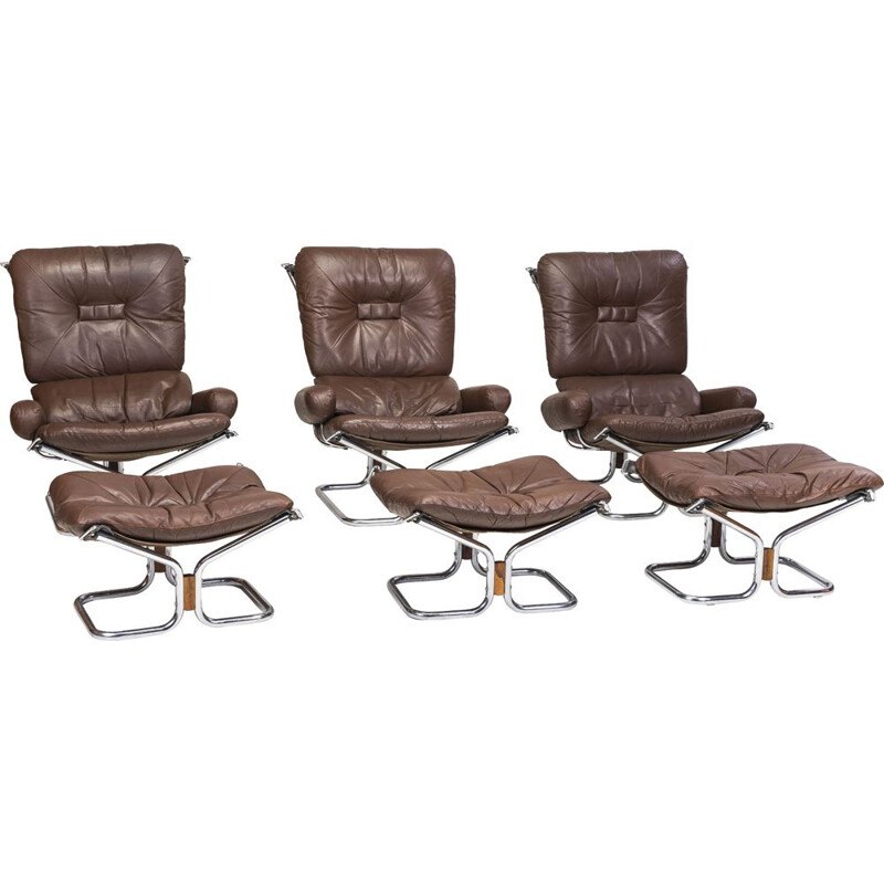 Set of 3 vintage Chrome and Leather armchairs and Ottoman by Ingmar Relling for Westnofa, 1960s