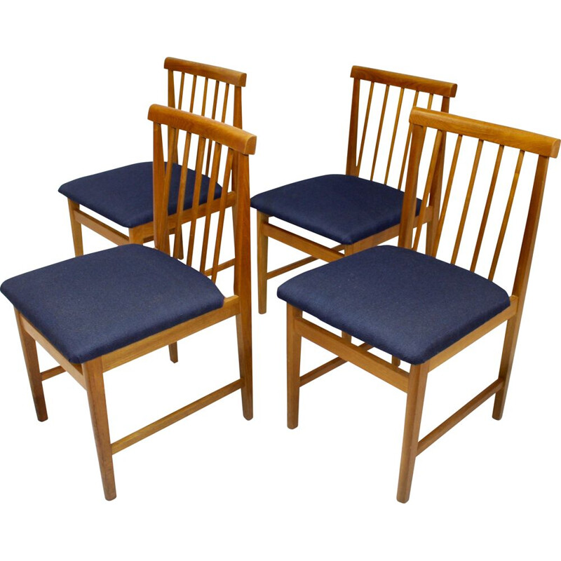 Set of 4 Scandinavian vintage chairs in blue fabric and beech, 1950s