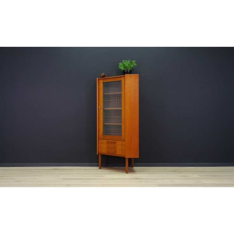 Vintage teak danish cabinet with decorative glass, 1960s