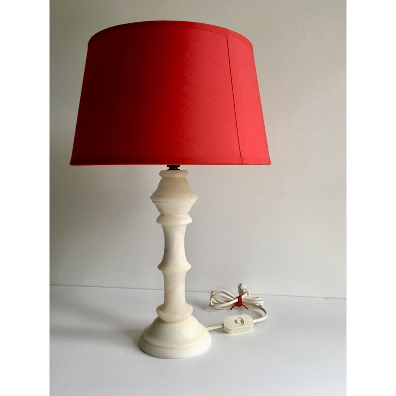 Lampe vintage en albâtre avec abat-jour rouge