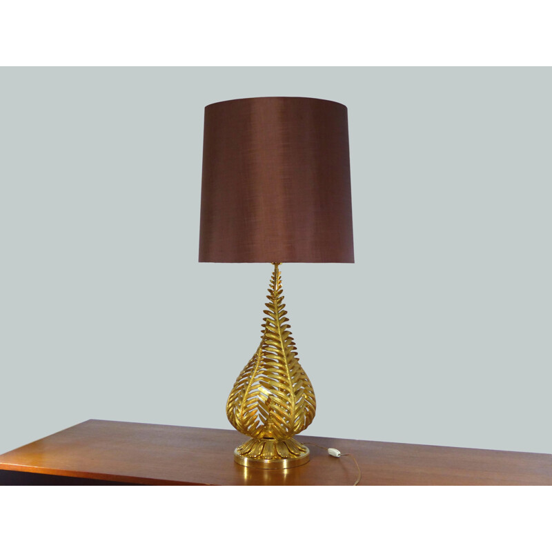 Vintage table lamp with golden ferns leaves 