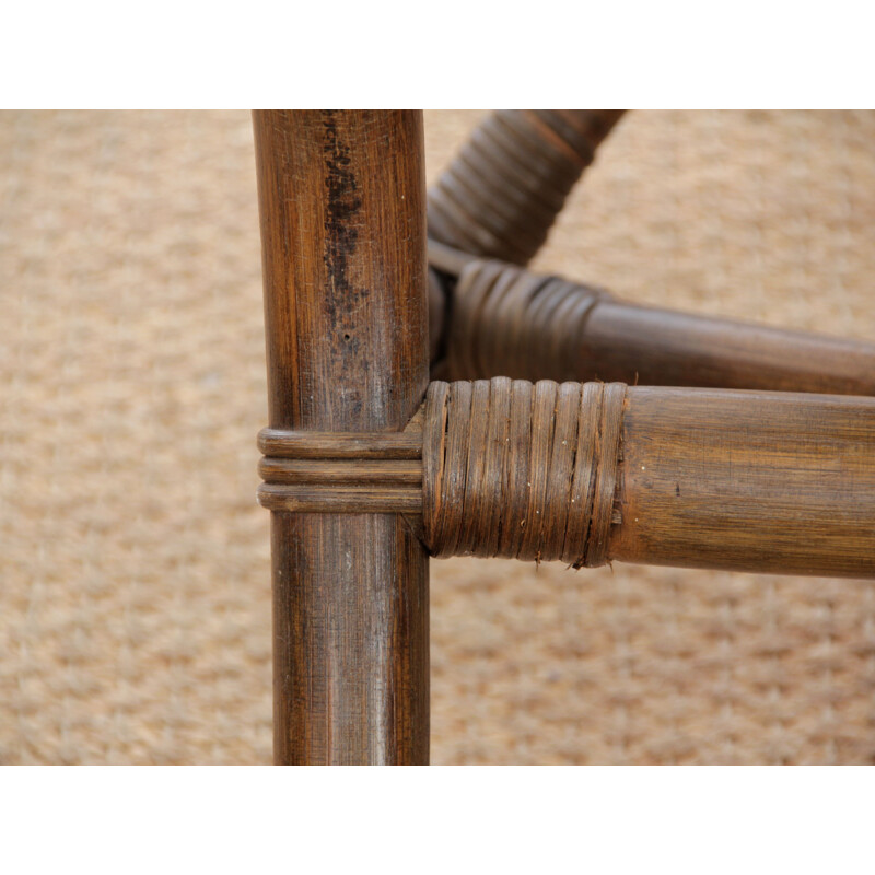 Pair of vintage rattan and imitation leather armchairs 