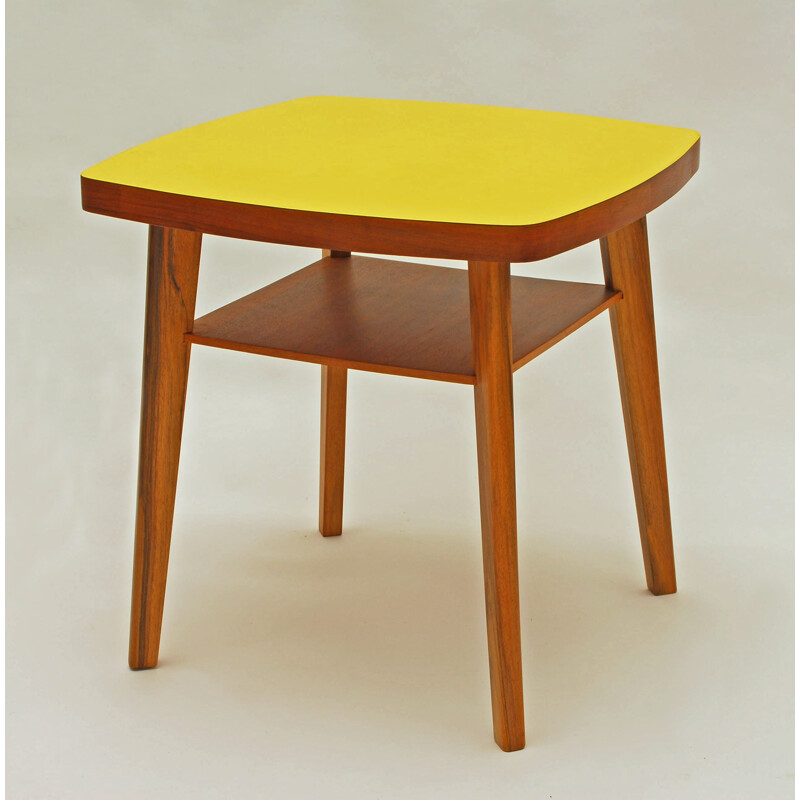 Square yellow coffee table in formica with shelf - 1960s