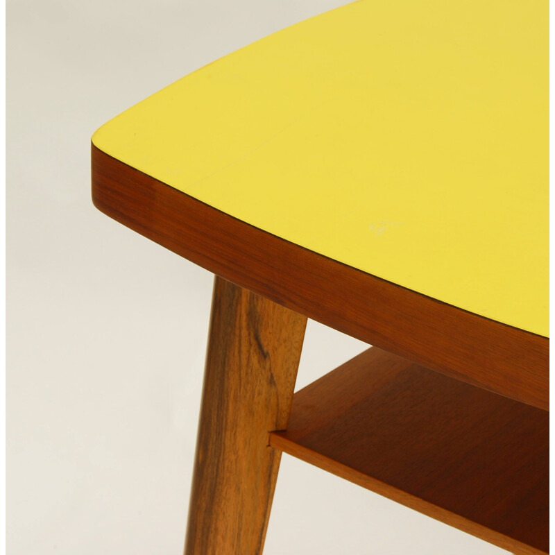 Square yellow coffee table in formica with shelf - 1960s