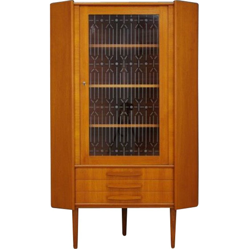 Vintage teak danish cabinet with decorative glass, 1960s