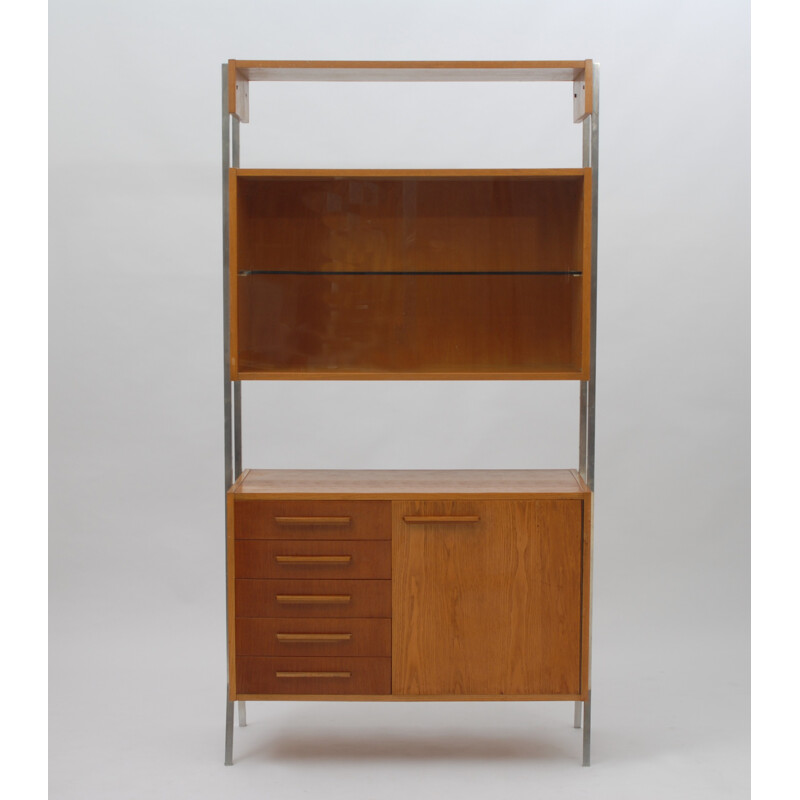 Czechoslovakia UP Zavody wall unit with drawers in oakwood, metal and glass - 1960s