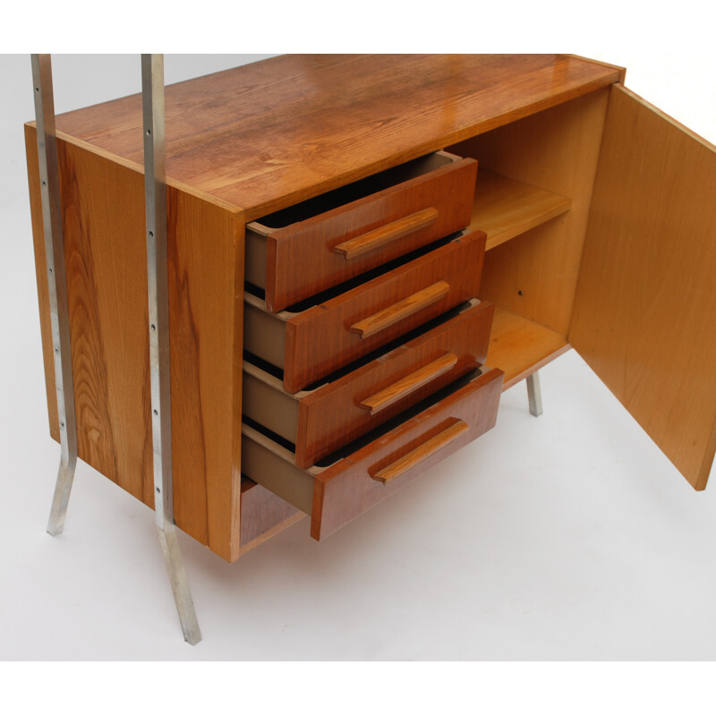 Czechoslovakia UP Zavody wall unit with drawers in oakwood, metal and glass - 1960s