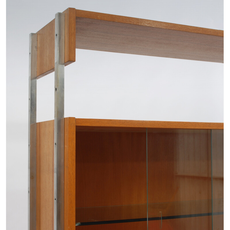 Czechoslovakia UP Zavody wall unit with drawers in oakwood, metal and glass - 1960s