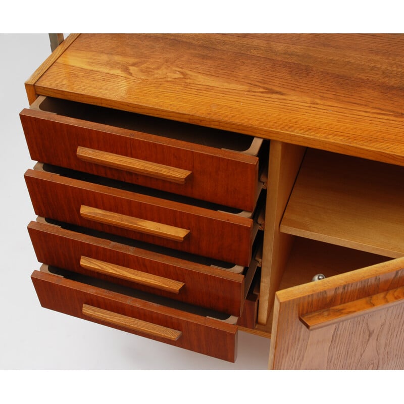 Czechoslovakia UP Zavody wall unit with drawers in oakwood, metal and glass - 1960s