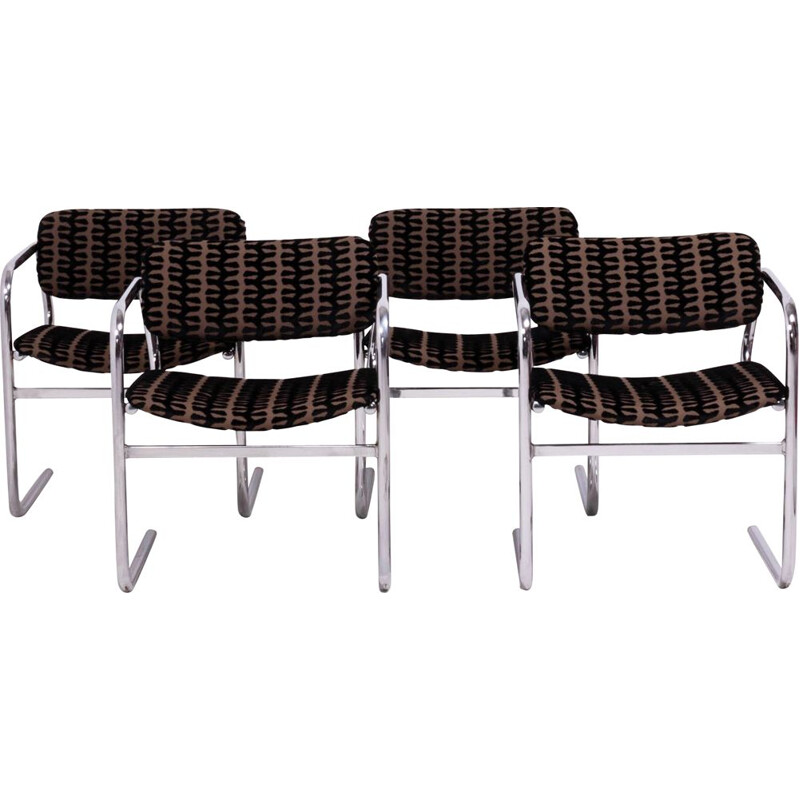 Lot de 4 chaises vintage en tissu brun et noir de Pieff 