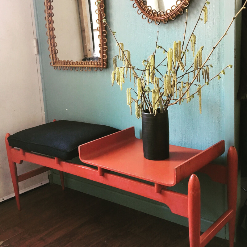 Vintage wooden and black velvet bench, Italy, 1950s