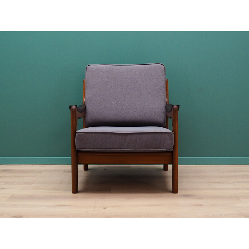 Vintage grey fabric and teak armchair, 1960-70s