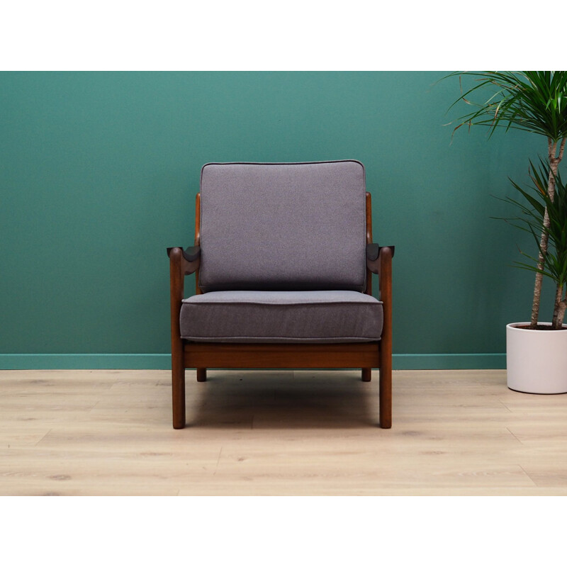 Vintage grey fabric and teak armchair, 1960-70s