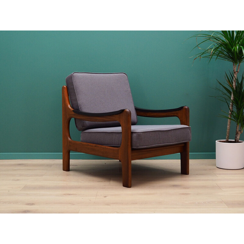 Vintage grey fabric and teak armchair, 1960-70s