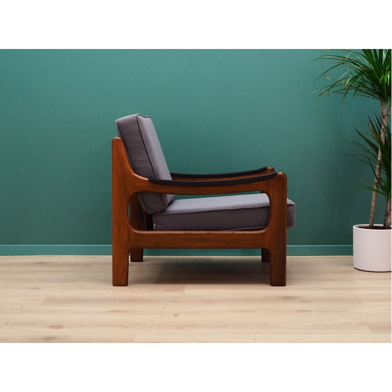 Vintage grey fabric and teak armchair, 1960-70s