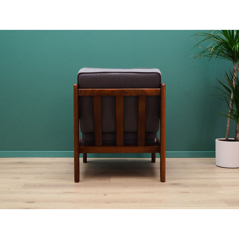 Vintage grey fabric and teak armchair, 1960-70s