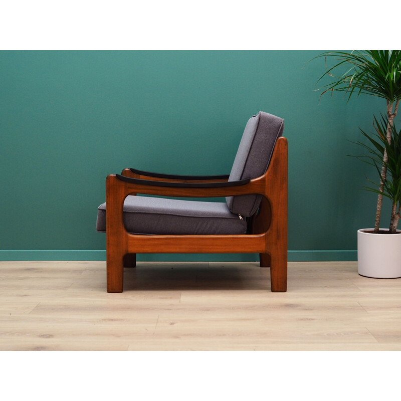 Vintage grey fabric and teak armchair, 1960-70s