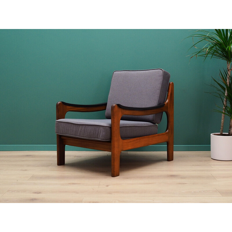 Vintage grey fabric and teak armchair, 1960-70s