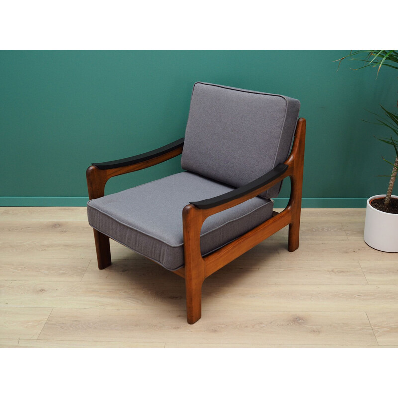 Vintage grey fabric and teak armchair, 1960-70s