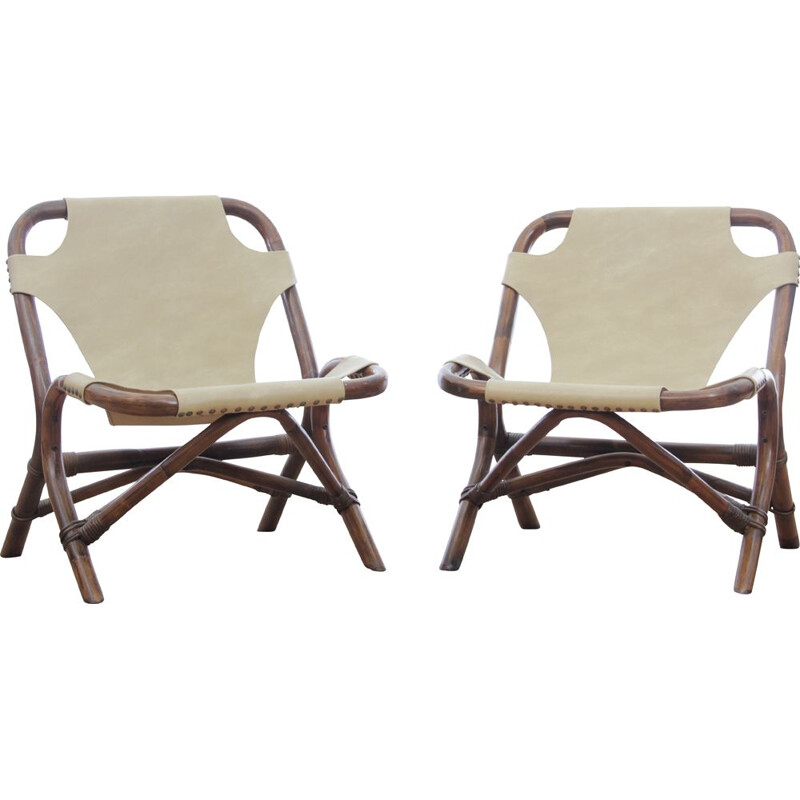 Pair of vintage rattan and imitation leather armchairs 