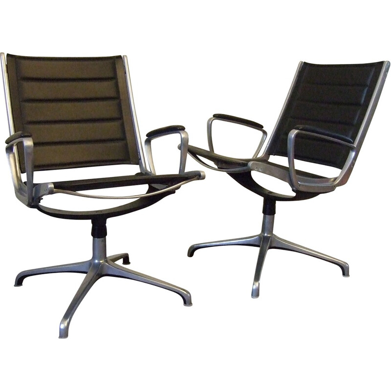 Set of two black swiveling desk chairs in leather and aluminium - 1960