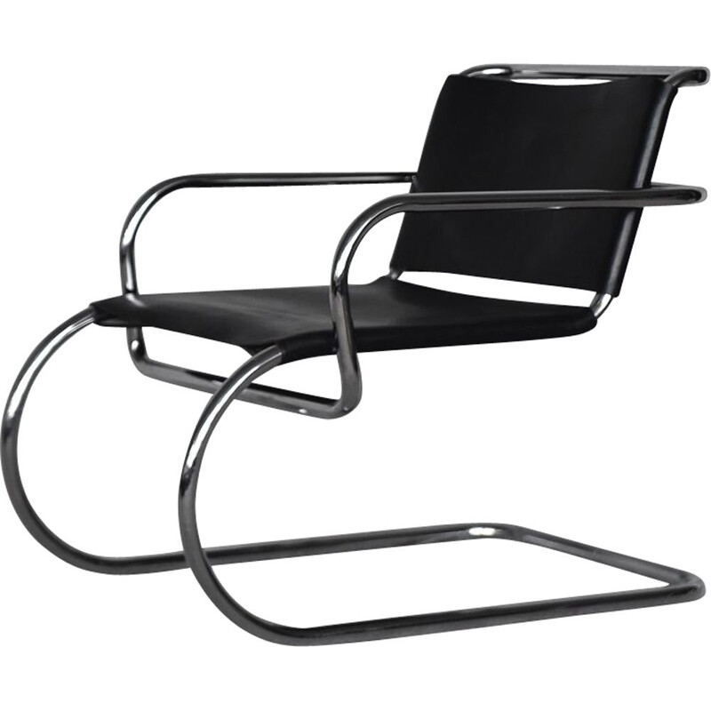 Vintage German leather cantilever chrome-plated tubular steel Bauhaus chair by Franco Albini for Tecta, 1950s