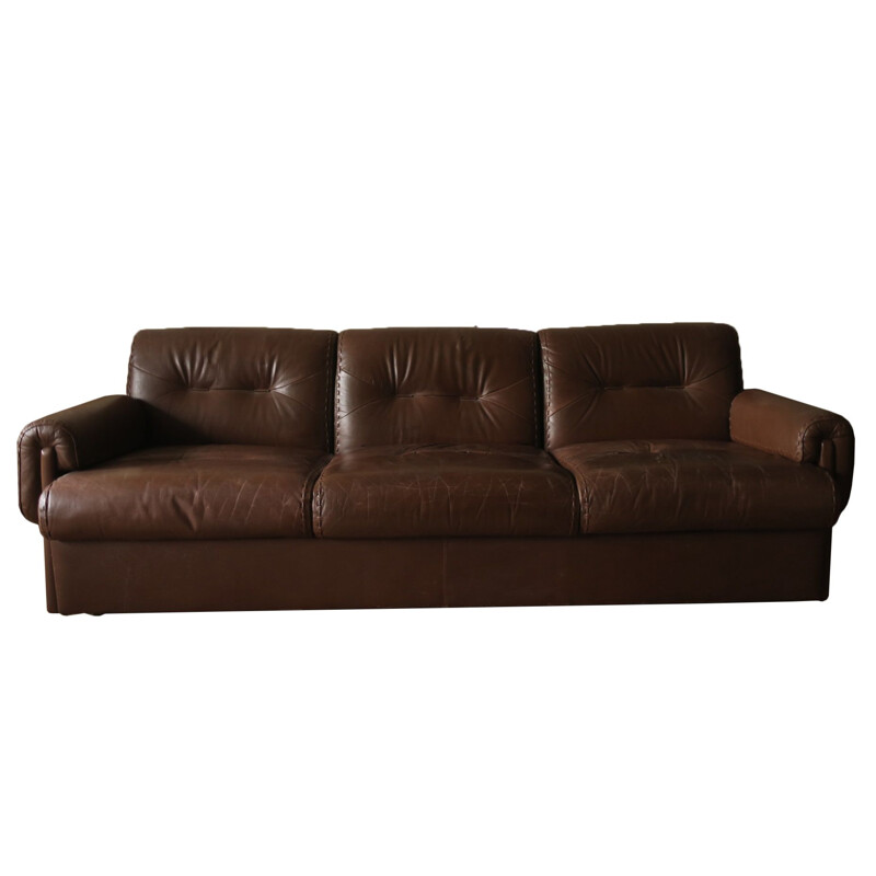 Vintage Danish brown stitched leather 3-seater sofa, 1960s