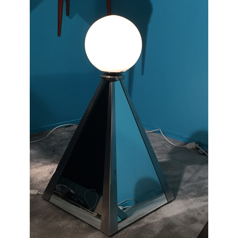 Pair of pyramidal mirror and steel lamps - 1970s