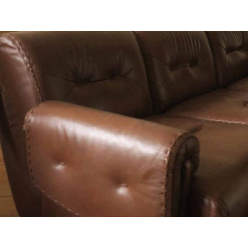 Vintage Danish brown stitched leather 3-seater sofa, 1960s