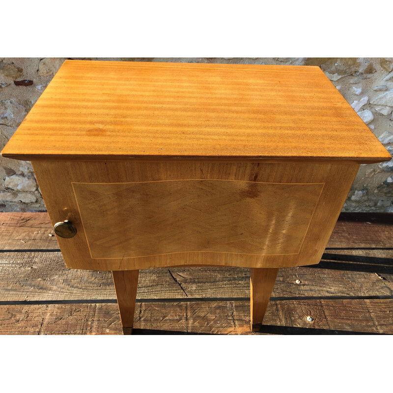 Vintage art deco bedside table in blond wood and marquetry with spindle legs