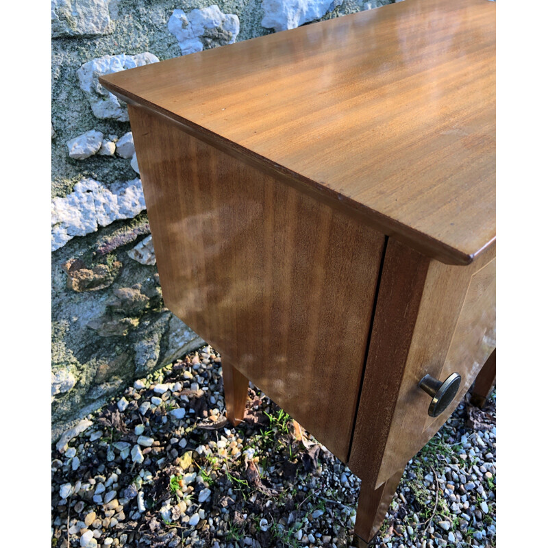 Vintage art deco bedside table in blond wood and marquetry with spindle legs