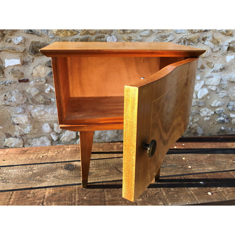 Vintage art deco bedside table in blond wood and marquetry with spindle legs