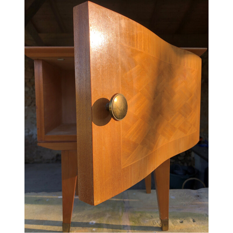 Vintage art deco bedside table in blond wood and marquetry with spindle legs